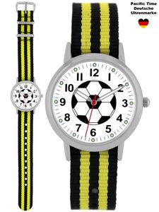 Pacific Time Armbanduhr Kinderuhr Jungen Fußball Sport Nylon Wechselarmband schwarz gelb 86521