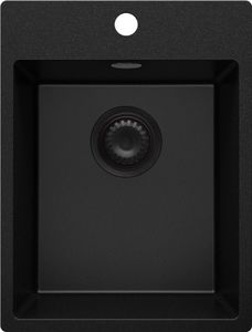 Spülbecken Alles Schwarz 38x50 cm, Granitspüle + Ablauf-Set Schwarz, Küchenspüle für 40er Unterschrank, Einbauspüle von Primagran