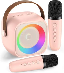 Mini Bluetooth-Lautsprecher，Karaoke-Maschine für Kinder und Erwachsene, tragbarer Bluetooth-Lautsprecher mit Zwei kabellosem Mikrofon,Rosa