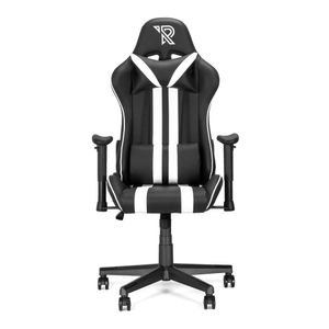 Ranqer Felix Gaming Stuhl - Professioneller Gaming-Sessel - Ergonomischer Gaming Stuhl - 2D-Armlehnen - 180° verstellbare Rückenlehne mit Kissen - Stabiles Nylon Gestell  - Schwarz / Weiß