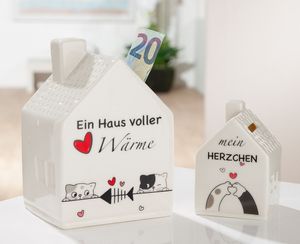 GILDE Spardose, Haus, "Cat Love", Katzenmotiv, Spruch, Porzellan, weiß, , L. 9 cm, B. 10 cm, H. 14 cm 32714