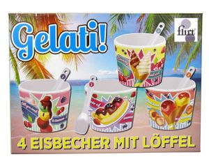 Eisbecher Set im Geschenkkarton / Retrodesign / Porzellan / 8-teilig mit 4 Bechern + 4 Löffel (Gelati)