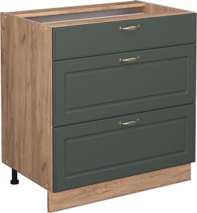 Vicco Küchenunterschrank Fame-Line, 80 cm mit 3 Schubladen, ohne Arbeitsplatte, Grün-Gold Landhaus/Goldkraft Eiche