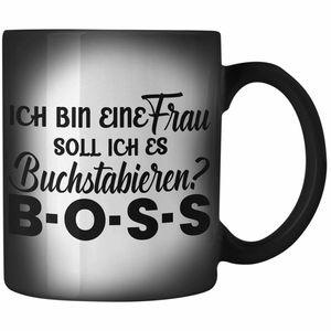 Trendation - Frauen Farbwechsel Zauber-Tasse Geschenk Boss Farbwechsel Zauber-Tasse mit Spruch für Frauen Frauentag Starke Frau (Schwarz)