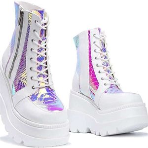 ASKSA Damen Plaftorm Stiefeletten Ankle Boots Stiefel Reißverschluss Chunky Heel Schuhe, Weiß, Größe: 38