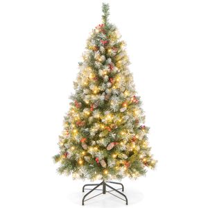 COSTWAY 195 cm Künstlicher Weihnachtsbaum mit Beleuchtung, Schnee, Tannenzapfen und roten Beeren, Tannenbaum mit 8 Beleuchtungsmodi, 420 Warmweißen LED-Lichtern, Christbaum, Kunstbaum Weihnachten