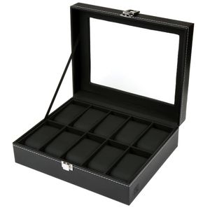 H&S. Uhrenbox für Damen & Herren - Uhrenhalter mit Glasdeckel & Samtauskleidung - Uhrenkasten in Schwarz aus Kunstleder - Uhrenaufbewahrung mit Platz für bis zu 10 Uhren