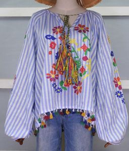 Vintage Stickerei Shirts Frauen Tunika Sommerkleidung Lose Langarm Schnürung Fransen Baumwolle Ethnische Bluse Shirt Blusas