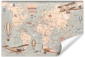 Netkaná fototapeta pre dievčatá chlapcov mapa sveta mapa zeme zvieratá lietadlá balóny nástenná dekorácia pre detskú izbu br. 416 cm x v. 254 cm