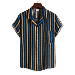 Herren Gestreifte Lose Kurzarm Lässige Knöpfe Hemd Tops Bluse Revers Sommer,Farbe: Vs307 - Blau,Größe:XL