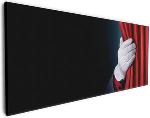 Wallario Premium Leinwandbild Vorhang auf für die Show  Hand hinterm roten Vorhang in Größe 50 x 125 cm