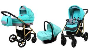 Kinderwagen Largo Alu,3 in 1 -Set Wanne Buggy Babyschale Autositz mit Zubehör Mint