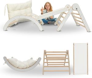 MAMOI® lezecký rám lezecký trojúhelník vnitřní 4 v 1 SET. Montessori lezecký oblouk s polštářky, vnitřní hřiště 1-3 roky a skluzavka pro děti.