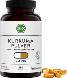 Kurkuma Kapseln mit schwarzem Pfeffer 180 Stück à 600 mg  pro Kapsel - vegan & ohne Zusatzstoffe - bioKontor