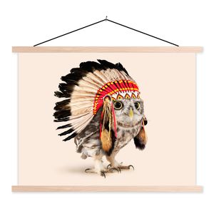 MuchoWow® Textilposter Eule - Indianer - Federn - Tiere 40x30 cm mit holzfarbenen Rahmen - Bilder
