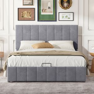 Flieks Čalúnená posteľ 140x200 cm, hydraulická posteľ Boxspring s lamelovým rámom a čelom, úložná posteľ pre manželskú posteľ, zamat, sivá