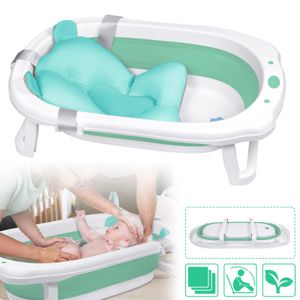 LZQ Baby Badewanne Faltbare Babywanne PP & TPE Plastik Badewanne für Babys mit Badekissen, Abflusslöchern & rutschfestem Fußpolster, Grün