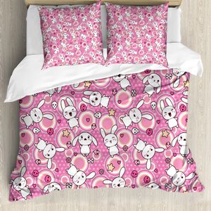 ABAKUHAUS Anime Bettbezug, Kaninchen Kinder Humor, Milbensicher Allergiker geeignet mit Kissenbezügen, 200 cm x 200 cm - 80 x 80 cm, weiß Rosa