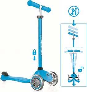 GLOBBER PRIMO – Tretroller Kinder, 120/80 mm, ABEC 5, 3-rädrig, höhenverstellbar, hellblau