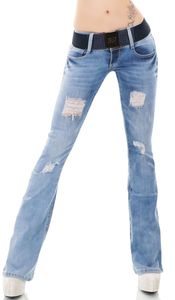 Helle Bootcut-Jeans mit Rissen und breiten Stretch-Gürtel in light blue Größe - 40