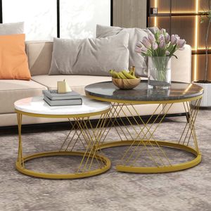 okwish Satztische Couchtisch Satz Fürs Wohnzimmer Metallrahmen rund Furnier mit Marmormuster Kaffeetisch 2er Set Weiß + Grau
