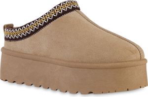 VAN HILL Damen Warm Gefütterte Pantoffeln Bequeme Plateau Prints Schuhe 840601, Farbe: Khaki, Größe: 37