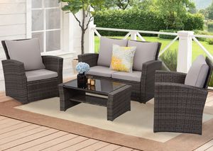 Mexo Balkonmöbel Set 4 Personen Polyrattan Gartenmöbel Set Lounge Terrassenmöbel Wetterfest mit 2-Sitzer Sofa Sessel Couchtisch Auflagen Kissen