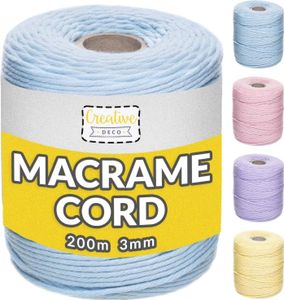 Creative Deco 200m Pastel-Blau Makramee-Garn Baumwoll-Polyester-Kordel Baumwoll-Schnur | 656 Fuß | 2-3 mm Dicke | Große Rolle Naturliche Starke | Perfekt für Basteln, DIY, Handwerk & Stricken