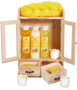 BRUBAKER Cosmetics Bade- und Pflegeset im Holzschrank - Wellness Badeset für Frauen - Damen Geschenkset mit Holz Dekoration, Lemon Duft