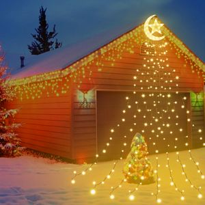 Christbaumbeleuchtung mit LED Sterne, 350LEDs Weihnachtsbaum Lichterkette 3.47m Höhe, Wasserfall Überwurf Lichter, 8 Leuchtmodi Memory Timer, für Außen Innen Weihnachten Tannenbaum Busche, Warmweiß