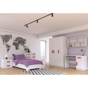 Kinderzimmer-Set Bett Schrank Wandregal Kommode Schreibtisch Nachttisch Weiß/Weiß mit roten Griffen ohne Matratze  Jonas IV 01