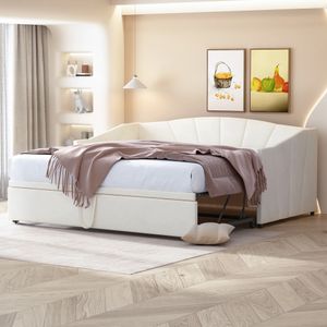 Merax Rozkládací postel 90x200 cm/180x200 cm, rozkládací pohovka s lamelovým rámem a područkami, sametově čalouněná rozkládací postel, béžová barva