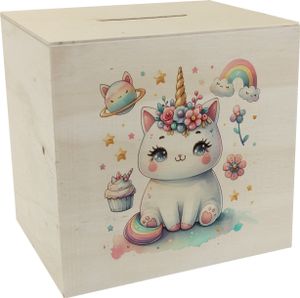 Einhorn-Katze Aquarell Spardose aus Holz