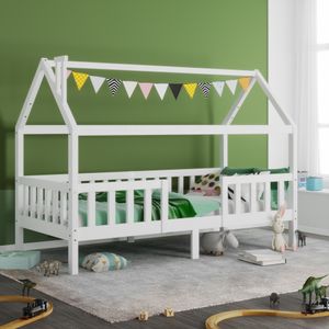 Flieks Kinderbett Kiefernholz Hausbett mit Schornstein, Rausfallschutz und Lattenrost 90x200cm ohne Matratze