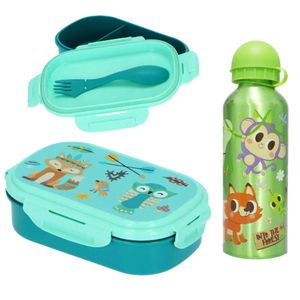 Waldtiere  3 tlg Kinder Lunch Set Brotdose Aluminium Trinkflasche 500 ml Göffel – Grün