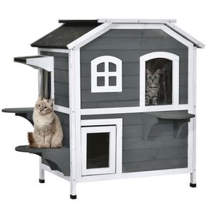 Domeček pro kočky Pawhut s asfaltovou střechou, venkovní bouda pro kočky se schody, dvoupatrová vila pro kočky, voděodolná, zahrada, jedlové dřevo, šedá, 78 x 55,5 x 91 cm