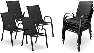 4er Set Stapelstühle schwarz – Hochlehner Gartenstühle mit Armlehnen, stapelbare Terrassenstühle aus Textilene & pulverbeschichtetem Stahl