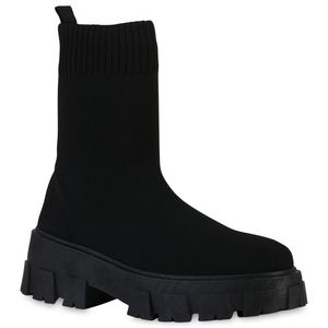 VAN HILL Damen Stiefeletten Plateau Boots Profil-Sohle Strick Schuhe 838376, Farbe: Schwarz, Größe: 39