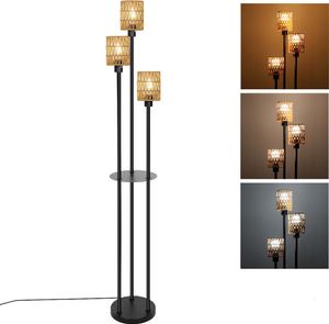 180cm Rattan Stehlampe Boho Vintage Stehleuchte mit 3 Farbtemperaturen E27 Glühbirne und Fußschalter für Schlafzimmer Wohnzimmer Büro, Schwarz
