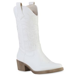 VAN HILL Damen Cowboystiefel Stiefel Spitze Stickereien Western Schuhe 840902, Farbe: Weiß, Größe: 40