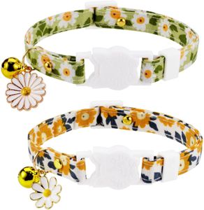 2× Katzenhalsband mit Sicherheitsverschluss und Glöckchen, süßes Gänseblümchen 27-48 cm Verstellbar Komfort Doppelschicht Haustier Halsbänder für Kitten Welpen, Grün+Orange