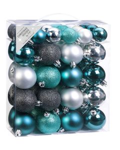 Weihnachtskugeln Mix Kunststoff, 50er Set, Farbe:Emerald Grey Mix ( türkis / grau / silber )