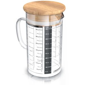 Arendo - 500ml Messbecher aus Glas - 0,5 Liter Messkrug Glas Krug – Borosilikatglas – präzise Skala – hitzebeständig – Mikrowellen geeignet – Glasbehälter mit Bambusdeckel - Silikondichtung