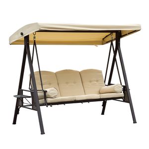 Outsunny 3-Sitzer Hollywoodschaukel Gartenschaukel mit Sonnendach + Kissen Metall + Polyester Beige + Braun 124,5 x 206 x 180 cm