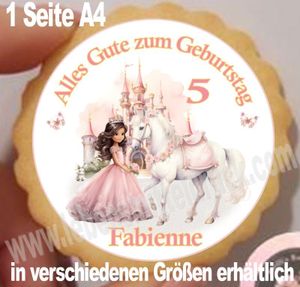 Prinzessin Schloss Pferd rund  Aufleger  klein 1 Seite A4 in verschiedenen Größen für Kekse Muffins Kuchen Fondantpapier Dekorpapier Profiqualität Ausstanzung rund  4,5 cm 24 Stk.