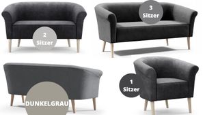 Couchgarnitur 3+2+1 Sitzer Grau Sessel, Sofa 2 Sitzer, Sofa 3 Sitzer Velour Samt hohe Beine aus Holz