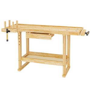 Wiltec Werkbank 151 x 61,5 x 86 cm aus Holz, Werktisch aus Rubberwood, Hobelbank bis 150 kg belastbar, Werkzeugbank mit Schublade und Spannzangen