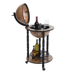 Globe Bar HWC-D83, Minibar House Bar Stojan na víno, Globe Ø 33 cm na kolečkách Eukalyptové dřevo MVG  černá