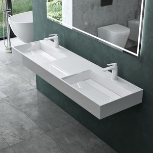 Mai & Mai Aufsatzwaschbecken Doppel-Waschbecken mit 2 Armaturenlöcher Hängewaschbecken 160x48x13cm in weiß aus Mineralguss ohne Überlauf Col12 Mai & Mai Aufsatzwaschbecken Doppel-Waschbecken mit 2 Armaturenlöcher Hängewaschbecken 160x48x13cm in weiß aus Mineralguss ohne Überlauf Col12