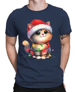 Süße Katze Lichterkette - Weihnachten Nikolaus Weihnachtsgeschenk Herren T-Shirt, Navy Blau, XL